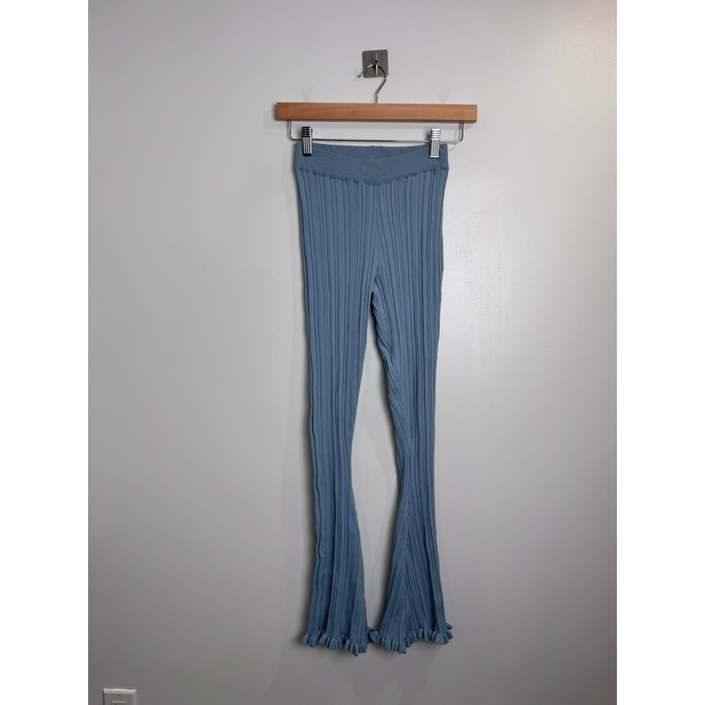 Holzweiler Womens XS Blue Ribbed Knit Flared Pleated Pants Ruffle Hem Trousers